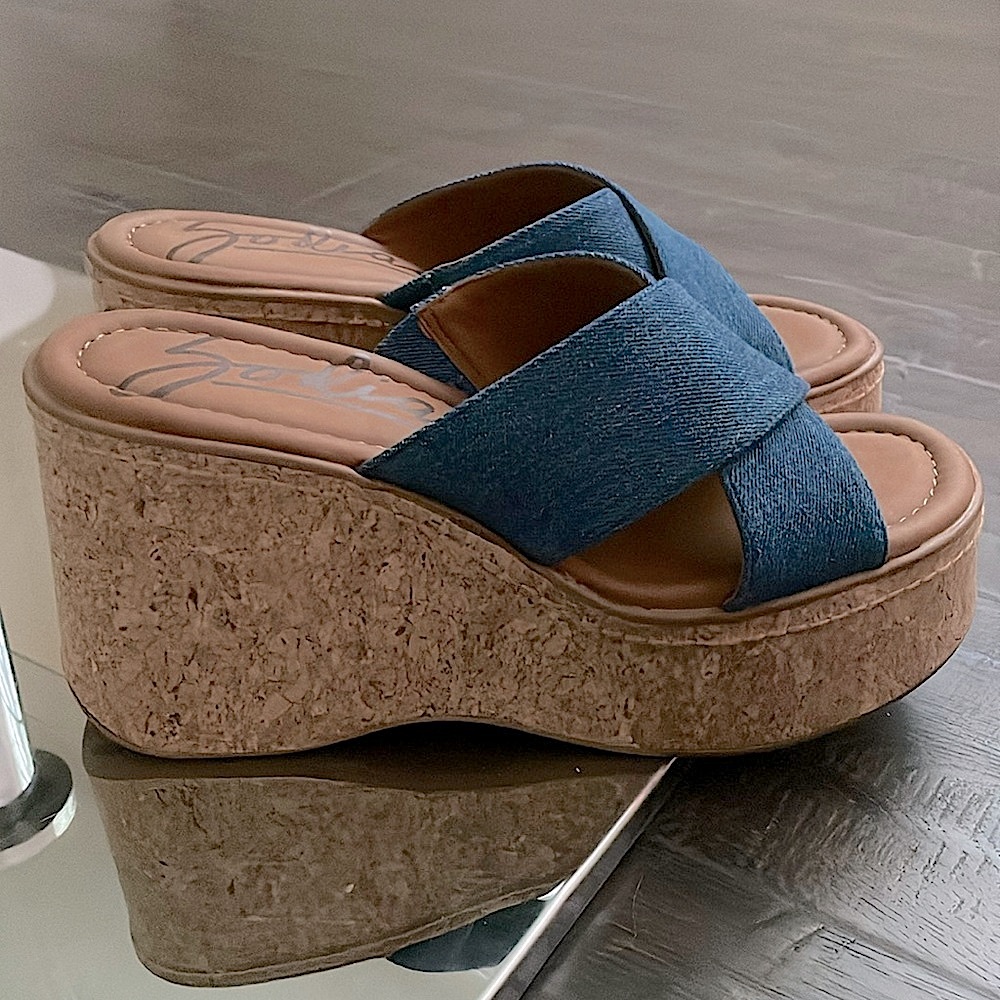 NIB denim slides comfort mules cork platform wedge criss cross open toe mules